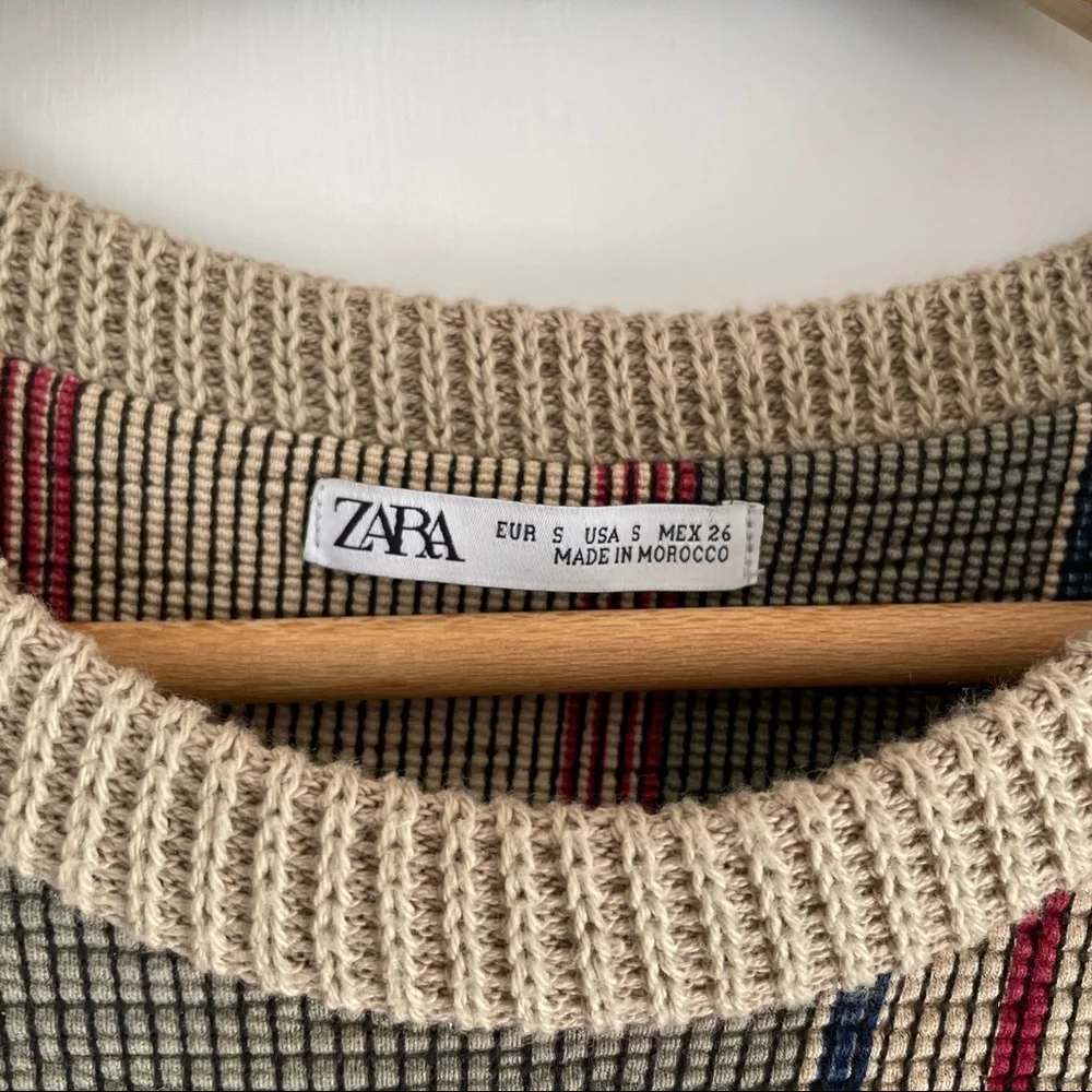 ZARA Striped Midi Dress Cream‎ Red Navy Stretchy Knit Elbow Sleeve Small